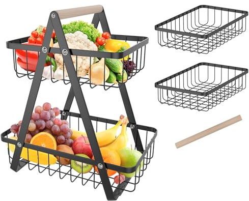 FIVMEN Alzata per Frutta e Verdura a 2 Ripiani, Nera con Manico in Legno e Cestino in Metallo Vuoto Rimovibile, Cestino per Pane, Frutta, Verdura e Snack