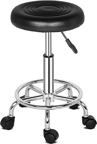 LEADZM Tabouret de Bureau Ergonomique avec Dossier – Tabouret à roulettes Pivotant 360°, Hauteur Réglable, Revêtement PU Résistant – pour Massage, Coiffure, Bureau & Clinique (Noir, 35 * 35 * 61.5cm)