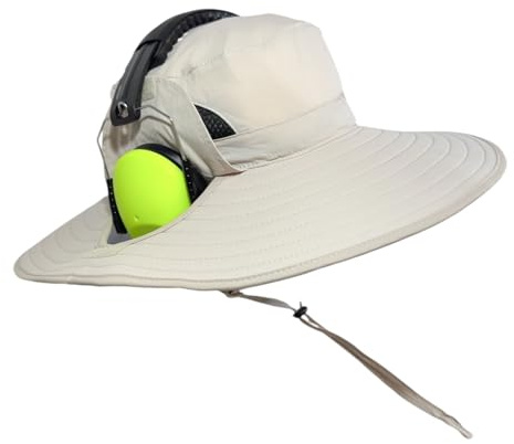 SPF 50+ Bucket Hat Compatible with Ear Protection Headphones – Sun Protection Hat for Lawn Mowing, Construction, Yard Work & Shooting Range – Breathable with Adjustable Drawstring & Velcro Flaps