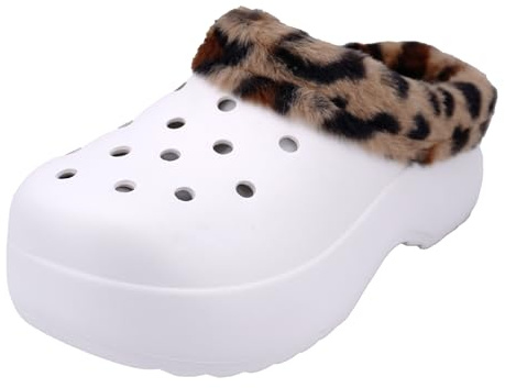 JOMIX Pantofole Donna Invernali Leopardate con Pelliccia Ciabatte Gomma EVA Zeppa Leggera Zoccoli da Esterno e Casa Sabot con Pelo Caldo Ideali per Parquet e Piastrelle WEW255277 Bianco 38/39