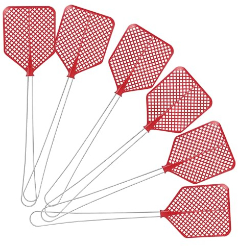 LifeChic 43 cm manuell flugsmällare – järnhandtag, flexibel röd plastskopa – flugsmällare för inomhus- och utomhusbruk – mot flugor, myggor och flygande insekter – 6-pack