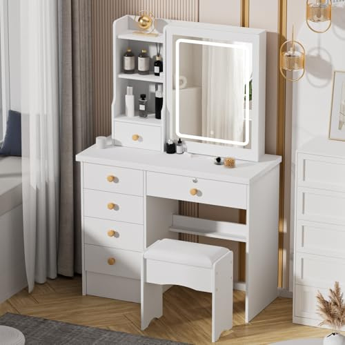Générique Coiffeuse avec Miroir LED Coulissant et Tabouret | Meuble de Maquillage avec 6 Tiroirs et Rangement Caché | Table de Maquillage Blanche pour Chambre Fille ou Adulte