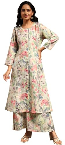 GRECIILOOKS Conjunto de kurta de palacio de trapecio con estampado de rayón para mujer, elegante vestido de rayón
