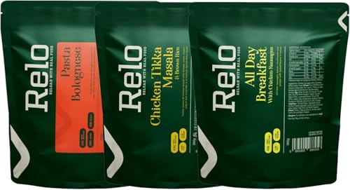 RELO High Protein Ready Meals – 3 Pack Bundle (Chicken Tikka, Pasta Bolognese & All Day Breakfast) | 1 Day Meal Kit | Low Calorie, Gluten Free Option, Gym & Outdoor Food | Microwave Ready
