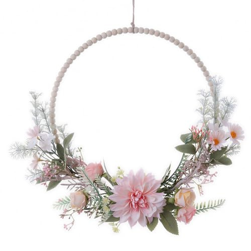 16 Summer Wreath for Front Door, Artificial Flower Door Wreath Home Decor | Artificial flower wreath with wood beads, suitable for indoor outdoor, perfect for porch, wall, party and home decoration