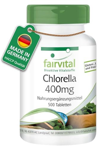 Fairvital | Chlorella Tabletten 400mg - 500 Tabletten - HOCHDOSIERT - 100% Chlorella-Algenpulver (Chlorella vulgaris) - VEGAN