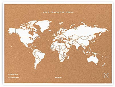 Miss Wood My World L Mappamondo in Sughero con Cornice in Legno, 48 x 63 x 1,5 cm, Colore: Bianco