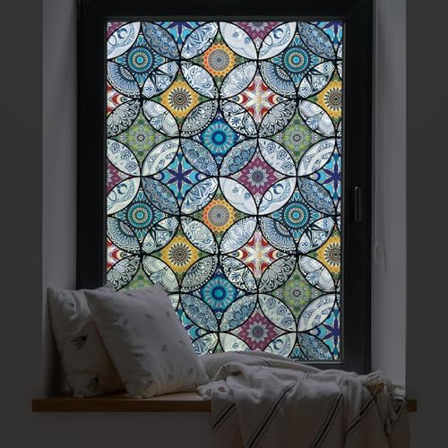 dktie Window Film Vinyl Non Adhesive Privacy Film,Stained Glass Window Film for Bathroom Shower Door Heat Cotrol Anti UV (Blue, 90x200cm)