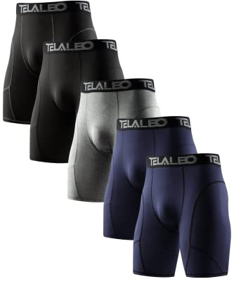 TELALEO 5 Pack Compression Shorts for Men Spandex Sport Shorts Athletic Workout Running Performance Baselayer Underwear Black/Double Blue/Double Gray M