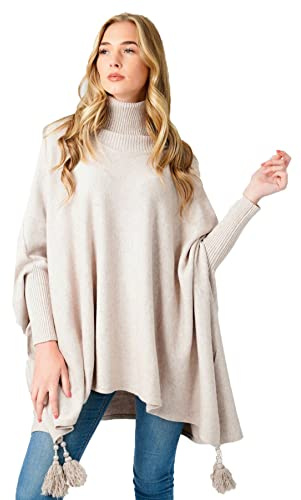 Zaif & Hari Women Ladies Hi Neck Batwing Tassels Poncho Fine Knitted Winter Shawl Jumper Top One Size Fits 10-28 (One Size 8-28, Beige)