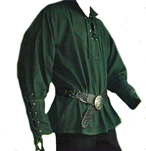 JIEFULL Men's Medieval Pirate Costume- Vintage Stand Collar Bandage Blouse- Mercenary Scottish Wide Cuff Shirt(Green 3XL)