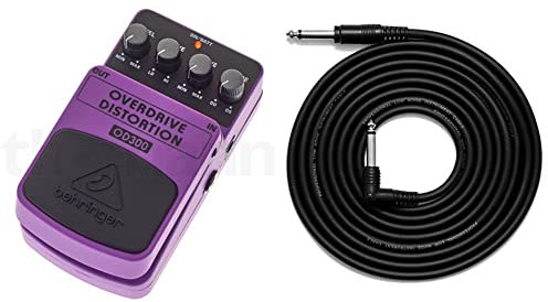 Behringer OVERDRIVE/DISTORTION OD300 2-Mode Overdrive/Distortion Effects Pedal & TIGER GAC42 Guitar Bass Keyboard E-Drums Lead - Straight/Angled - 6.35mm 1/4 Jacks - 3m Cable