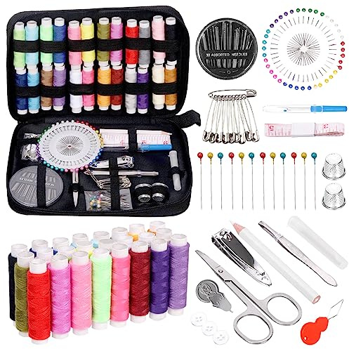 Swpeet 136Pcs Sewing Kit With Portable Bag, Supplies and Accessories, 41 Color Threads, Pearl Pins, Needles, Scissors, Measure Tape, Seam Ripper - Basic Home Hand Repair Kit