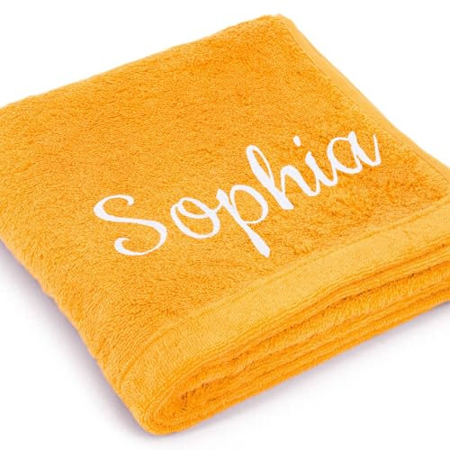 Cawö Premium Handtuch mit Namen oder Wunschtext Bestickt, personalisiertes Handtuch, individuelles Handtuch, 100% Baumwolle, 50 x 100 cm Gelb