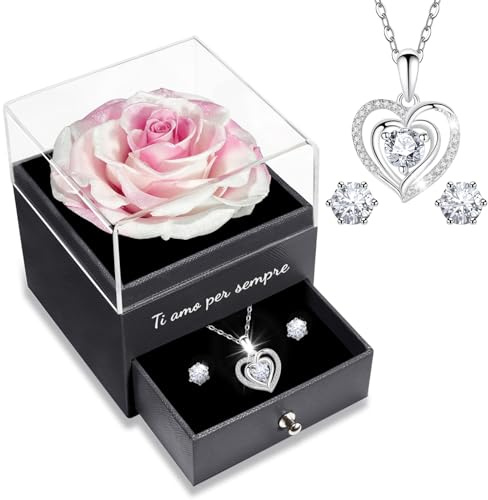 Yamonic Rosa Eterna Regalos Originales para Mujer,Rosa Eterna Natural Preservada con Collar y Pendientes de Plata de Ley 925,Flore Preservada Regalo Navidad San Valentin Dia de la Madre Cumpleaños