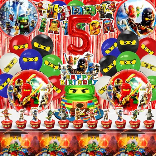 53 Pcs Ninja Deko, Ninja Deko Kindergeburtstag, Ninja Dekoration Geburtstag, Geburtstagkuchen Dekoration Ninja, Ninja Party Deko, Luftballon, Geburtstagsdeko, banner Regenvorhang, 5 Jahre