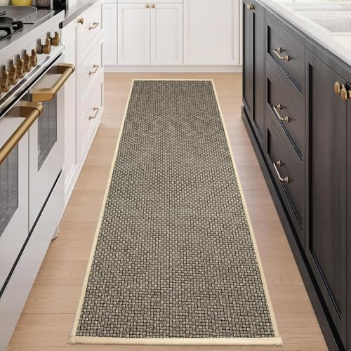 Cheerx Küchenteppich Waschbar rutschfest, Küchenläufer rutschfest, Geometrisches Strukturgeflecht Teppich Läufer Flur, Waschbare Teppiche für Küchen, Terrasse & Wohnraum, Braun, 43x180cm
