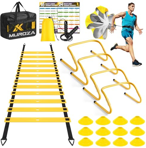 Agility Ladder Speed Training Equipment Set-20ft Agility Ladder,12 Soccer Cones,4 Hurdles, Jump Rope, Running Parachute, Basketball Football Soccer Training Equipment for Kids, Youth, Adults(Yellow)