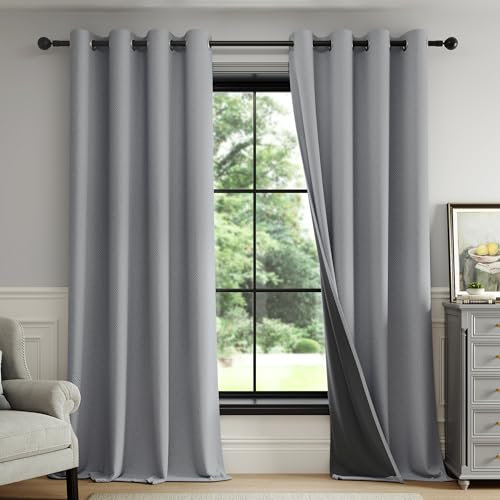 Fmfunctex Dark Grey Blackout Curtains for Bedroom 54 Inch Drop Geometric Weave Textured Eyelet Curtains for Living Room Thermal Insulated Window Curtain Drapes 2 Panels