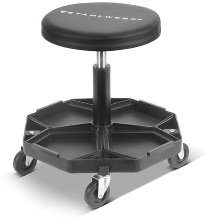 STAHLWERK Werkstatthocker WRH-57 ST mit 120 kg Tragkraft Werkstattsitz | Werkstattstuhl | Rollhocker | Arbeitshocker | Werkstattrollsitz mit Leichtlauf-Lenkrollen und praktischen Ablagemulden
