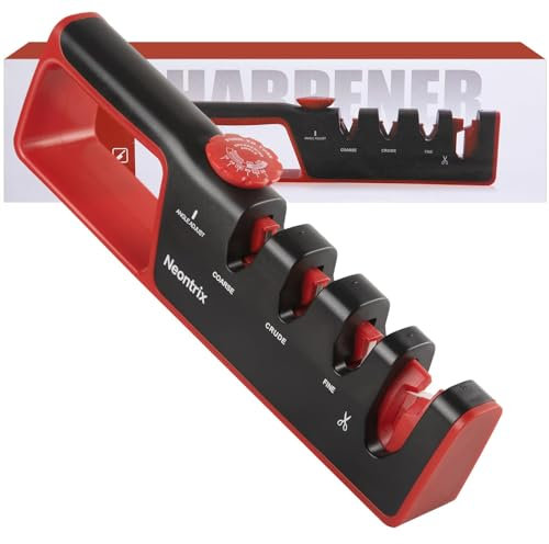Affilacoltelli Professionale 4 in 1 con Angolo Regolabile, Affilatore Manuale per Coltelli da Cucina, Caccia e Forbici,Base Antiscivolo, Impugnatura Ergonomica,Inclusi Diamante, Ceramica e Tungsteno