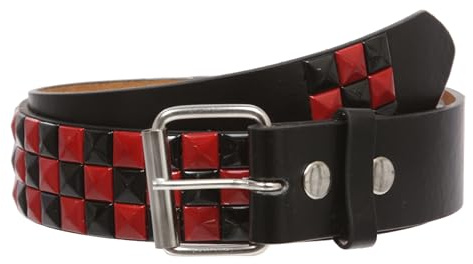 Beltiscool Snap On Punk Rock Star Pyramid Studded Checker Board Leather Belt, Black/Red | xl 42-44
