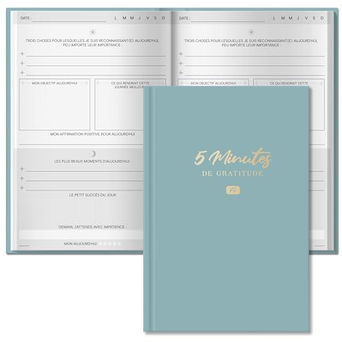 BIROYAL A5 Journal de gratitude et pleine conscience, 128 Pages, Couverture Rigide, 5 Minutes par Jour pour Cultiver la Paix Intérieure et le Bonheur