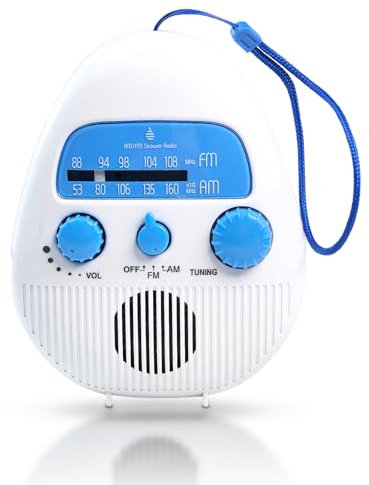 AM/FM Shower Radio, Portable Waterproof Radio Built in Speaker with Rope, Volume Adjustable Bathroom Radios for Kitchen/Bathroom/Outdoor/Indoor