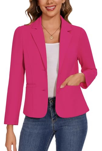 Kyzoeyou Blazer casual da donna a maniche lunghe con tasche con bottoni giacche con risvolto dentellato classico abbigliamento da lavoro blazer foderato frontale, Rosa acceso., XXL