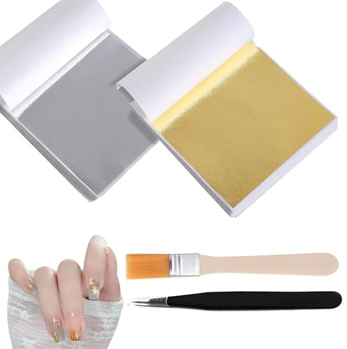 200 Sheet Gold Leaf, 8.5cm Gold Leaf Sheets with Tweezer, Gold Leaf Sheets for Cakes, Desserts, Chocolate, Art and Craft, Face Masks and Nail Art(100 Sheet Gold and 100 Sheet Silver)