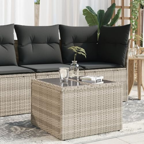 Myheimly Gartentisch mit Glasplatte Outdoor Tisch Couchtisch mit Stahlrahmen, Beistelltisch Garten Terrasse Gartenmöbel Hellgrau 55x55x37 cm Poly Rattan