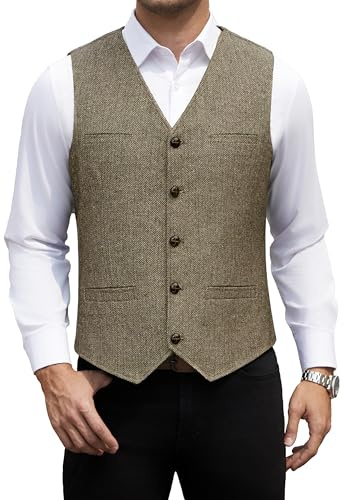 HISDERN Gilet de Costume Homme en Tweed Gilets sans Manche Homme Vintage Veston de Mariage et Business Formel Brun 2XL