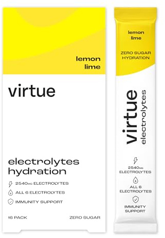 Virtue Électrolytes Sachets d’hydratation | Zéro sucre | 6 électrolytes, sels minéraux hydratants, vitamine C (Pack de 16, Lemon Lime)