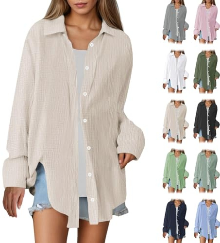 Camicetta in mussola Camicia casual a maniche lunghe da donna, camicie in garza di cotone con colletto ampio, camicia oversize con bottoni, Albicocca, XL