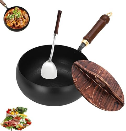 Padella Giapponese in Ferro, Padella in Ferro Non Rivestita, 24 Cm, Padella Giapponese Forgiata A Mano Antiaderente, Resistente E Antiruggine, Per Fornelli A Gas, Fondo Tondo Con Coperchio (B,24cm)