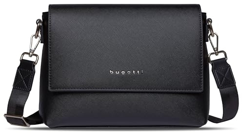 bugatti Ella Schultertasche für Damen, Frauen-Umhängetasche in Saffiano-Art aus Kunstleder, schwarz