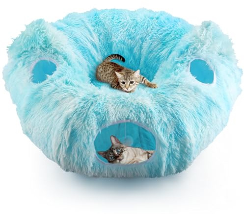 Maxetodo Plush Foldable Cat Tunnel with Peek Holes & Washable Mat – Interactive Indoor Toy Bed for Cats, Rabbits & Small Dogs (Sky blue) xmas cat tunnel cat tunnel tree skirt christmas
