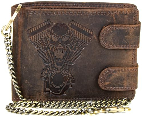 Herren Biker Geldbörse Leder mit Totenkopf & V2-Motor Prägung, Portemonnaie mit Kette, RFID Schutz, 10 Kartenfächern, Münzfach & Reißverschlussfach - Rocker Geldbeutel Motorrad Style (Braun)