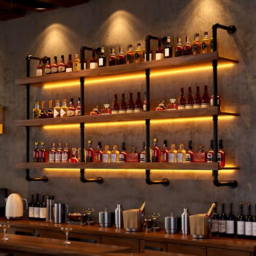 Dernoing Botellero de Pared Industrial, 2 cm de Grosor Estantes demadera Maciza Botellero Vino Luz LED, Soporte Flotante para exhibición de Vino, para Cocina, Bar, Cafetería y decoración (120cm)