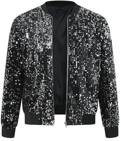 Veste Bomber de Baseball Homme À Paillettes Noires Paillettes discothèque fête des Années 70 Carnaval Costume Manches Longues Courte Clubwear Brillant de Pilote Sequins Métallisées Années Baseball