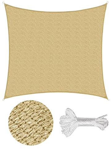 Sekey Sonnensegel 2x2m, Sonnenschutz, Quadratisch HDPE-Kunststoff, Winddicht Wasserdurchlässig UV-beständig Atmungsaktiv Reißfest, für Balkon Garten, mit Ösen und Befestigungsseile, Sand