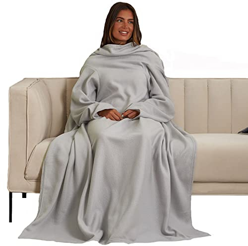 OHS Polar Fleece Blanket With Sleeves Wearable Throw Cosy Super Soft Warm Wrap, Silver - 135 x 170cm