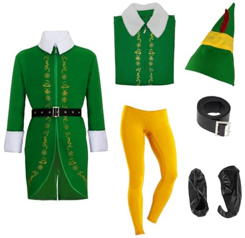 Emwwat Elf Costume, Christmas Elf Outfit with Shoes, Hats, Coat, Belt and Leggings for Men