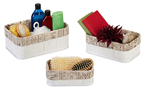 Relaxdays Set 3 Cestas de Almacenaje, Cajas Organizadoras Bambú, Cajitas Baño o Pañuelos, Funda de Tela, Blanco y Beige, 12 x 30 x 20 cm