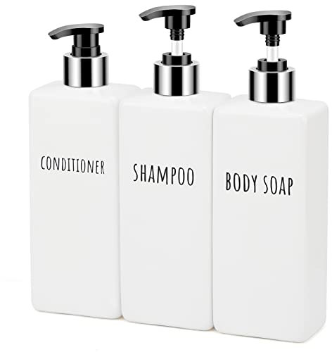 Segbeauty Seifenspender, 3 Stück 500 ml Seifenspender Set mit Etiketten für Shampoo Conditioner Body Soap, Shampoo Flaschen zum befüllen für Küche und Bad, Weiß