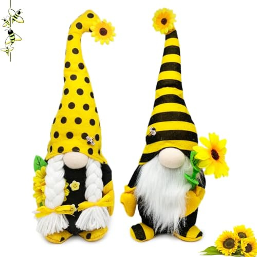 AMOH JERCY Set di gnomi alti a forma di girasole, 2 pezzi, 38,1 cm e 35,6 cm, gnomi scandinavi in peluche, decorazione rustica primaverile ed estate, vassoio a più livelli e decorazioni per camino,
