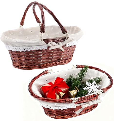 ZOENHOU 2 cestini da picnic in vimini, intrecciati a mano, con manico pieghevole, cestino pasquale vuoto per frutta, caramelle, vino, raccolta uova, matrimoni, marrone