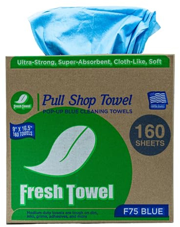 Fresh Towel Pop-Up Shop Towels – Medium Duty Blue Disposable Cleaning Cloths, 9 x 16.5 – 1 Box of 160 Soft, Absorbent Wipes for Garage, Janitorial, Home & Auto – Made in the USA