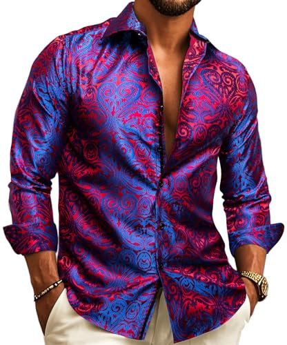 YOHOWA Men's Silk Dress Shirts Long Sleeve Paisley Jacquard Button Down Western Designer Classic Shirt Party Prom Red Blue M