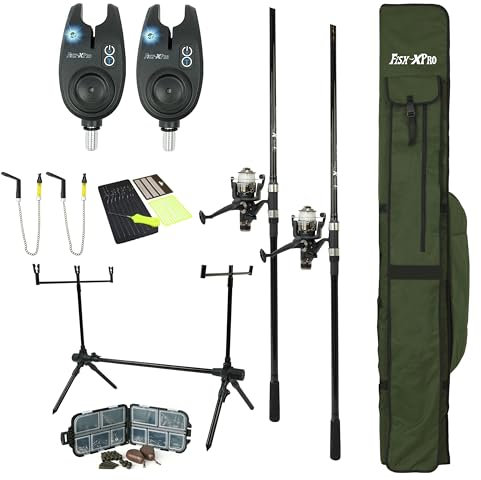 FISH-XPRO Karpfen Set Plus 2-Rod - Karpfenrutenset Schwarz - 96-teilig - Bissanzeiger - Swinger - Rodpod - Hintere Stützen - Fehlerbehebung - Extra Erweitert - Alles was Sie Brauchen!